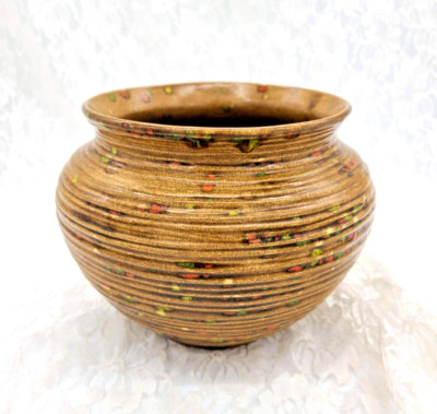 MID CENTURY MCM Bowl Planter Atlantic Mold Ceramic Speckled Orange Green Yellow-image
