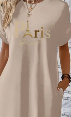Midi Paris Print Crew Neck Tunic Dress - Geometric Pattern, Mid Elasticity, Semi-image
