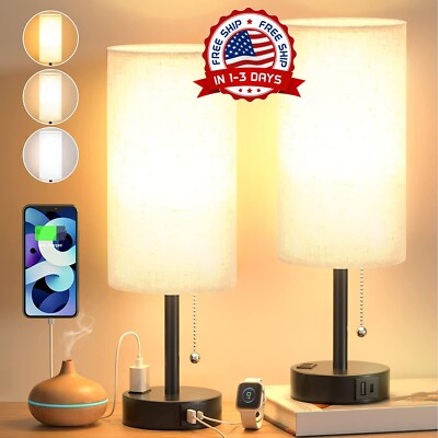 2 Lamparas De Mesa De Noche Luces Retro Gris Con Puerto USB Sala Dormitorio Coci-image