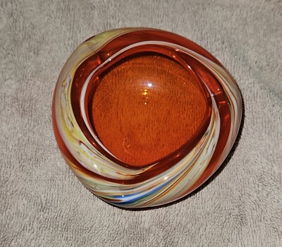 Vintage Mid Century Colored Orange Swirl Glass Ashtray Trinket Dish Thin Wall 4