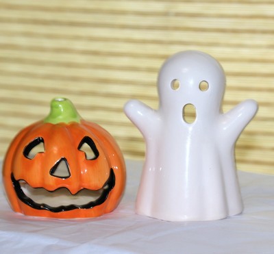 ❤ Halloween Jack-O-Lantern PUMPKIN & GHOST Votive Tealight CANDLE HOLDER SET-image