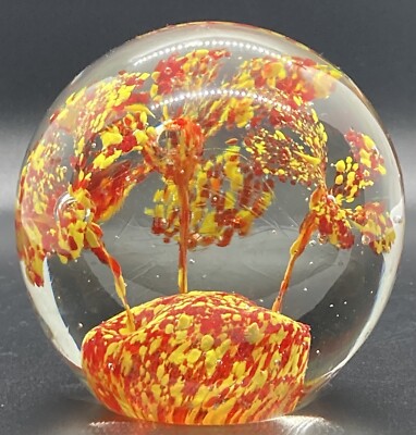 Vintage Art Glass Paperweight Orange and Yellow Trumpet Flowers 3.5”-image