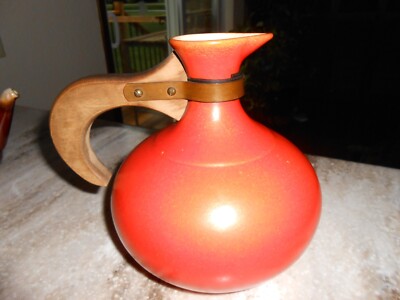 Mid-century modern Los Angeles Ceramics orange pitcher/carafe with wooden handle-image