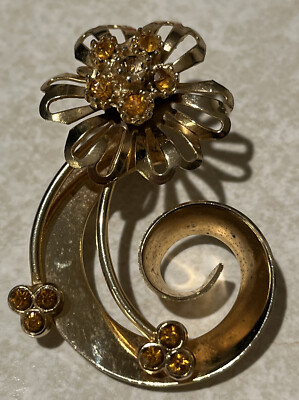 Vintage Mid Century Brooch Un Signed Orange Golden Rhinestones On Goldtone Metal-image