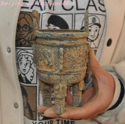 6'' Rare old Tibet bronze Tripod dragon burn incense joss sticks burner censer-image
