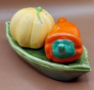 Vintage~ Salt & Pepper Shakers~ Yellow Squash/Orange Pepper/Green Leaf Holder ~ -image