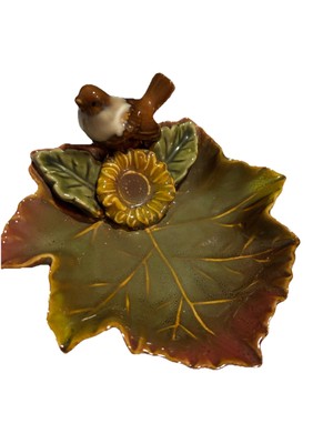 VTG Creative Co-Op Bird On A Leaf Trinket/Candy Dish Beautifully Painted/Glazed-image