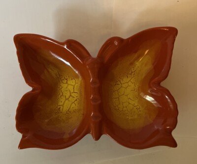 Mid Century Modern Ashtray Drip Glaze Orange & Yellow Butterfly Vintage READ-image