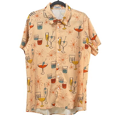 Hawalili men's sz M orange Mid Century Modern Cocktail button short sleeve shirt-image