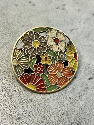 Mid Century Retro Flower Pin Brooch Gold Tone Green Orange White Round-image