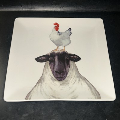 Creative Co-op Kellie Montana 9” Stoneware Plate Platter Sheep With Chicken-image