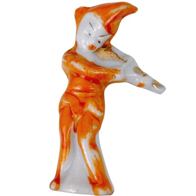 Mid Century Japan Porcelain Violinist Figurine Orange White Hand Painted Decor-image
