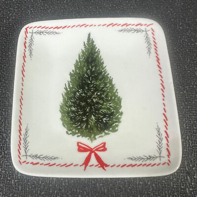 Creative Co-op White Ceramic Plate Christmas Tree Red Ribbon Trinket Dish 4.5”-image