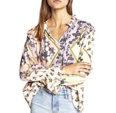 Sanctuary Joss Tie Neck Blouse Mixed Floral Long Ruffle Sleeve Size Small-image