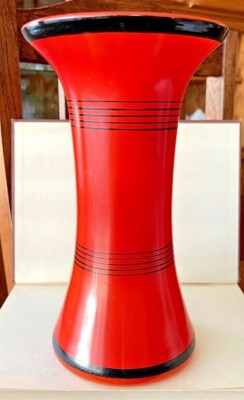 Mid Century Orange Glass Black Line Tall Painted Vase-image