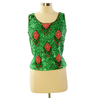 50s Green Sequined Top Orange Design Womens S Diamond Pattern Mid Century Tops-image