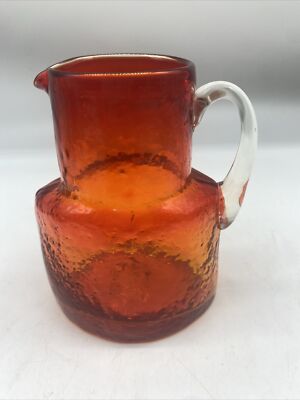Mid Century Modern Studio Art Glass Hand Blown Orange Texture Pitcher Handle 4.5-image
