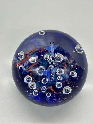 Blue & Orange Art Glass Paperweight Controlled Bubble Unsigned Birds-image