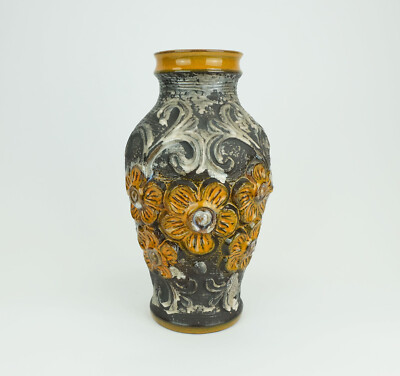 mid century VASE carstens model 7161-30 flower relief decor orange brown silver-image