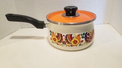 Mid Century Enamel 60's 70's Folk Art Pot with Orange Lid  Fiesta Ware Colors!-image