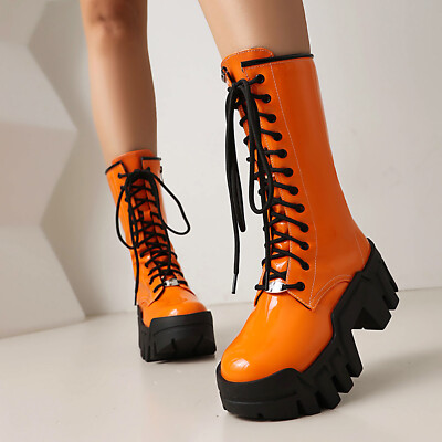 Gothic Punk Women Platform Thicken Soled Mid Calf Boots Lace Up Zip Creeper Heel-image