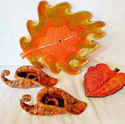 MCM VTG Ceramic Orange Fall Pieces Cornucopia Candle Stick Holder Leaf Ashtray-image