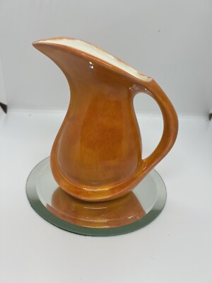 Vintage Retro Mid Century Pitcher Vase 5.5” Orange Artist Signed-image