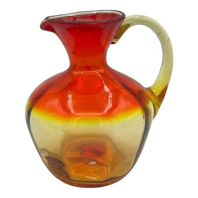 Vintage Amberina Red Orange Yellow Amber Blown Glass Pitcher Mid Century 7