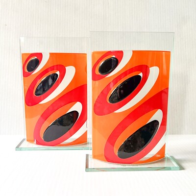 Pair of Modern Art Glass Vases – Retro Mid-Century Style, Vibrant Orange & Black-image