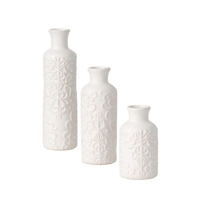 Sullivans Small White Embossed Ceramic Vase Set of 3, Matte Finish, Vases for...-image