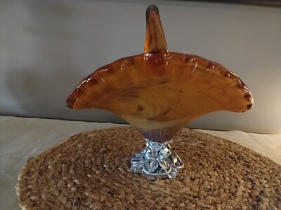 Vintage Mid Century Murano Blown Glass Orange Basket Made in Italy-image