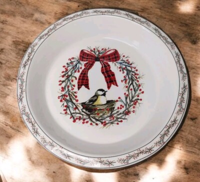 Creative Co-op Lori Siebert 12in Christmas Stoneware Pie Dish Birds Berries NEW -image