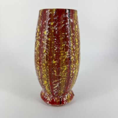 Vintage MCM Pottery Vase Red Yellow Orange Spatter Hand Italy-image