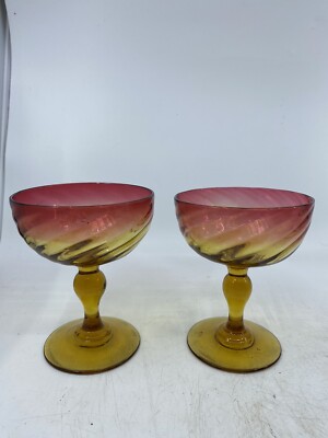 Set Of 2 Rare Mid Century Modern Murano Amberina Orange-Red Swirl Glasses-image