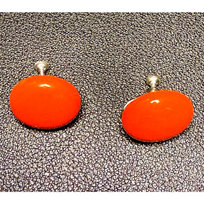 Vintage Mid-Century Screw Back Bright Orange Round Earrings Plastic Enamel MCM-image