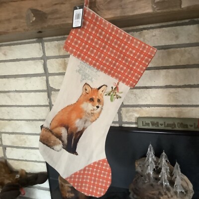 *NEW* Creative Co-op Red Fox  Cotton Orange Plaid Christmas Stocking Warm Wishes-image