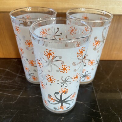 3 Mid Century Modern Orange Pinwheel Juice Glasses Vintage Retro-image