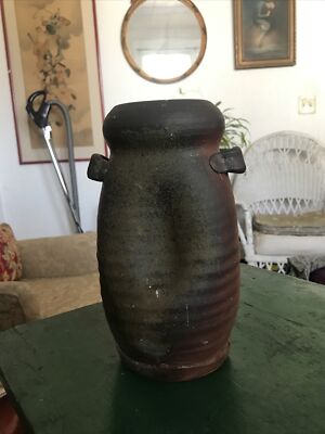 MID CENTURY MODERN POTTERY CROCK/VASE! BURNT ORANGE & BROWN!-image