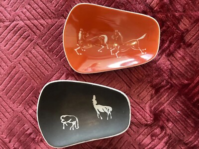 Vintage Burnt Orange and Black Dishes with Silhouetted Horses-image