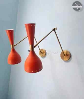 1950's Mid Century Brass Wall Sconce Pair Matte Orange Italian Wall Lamp-image