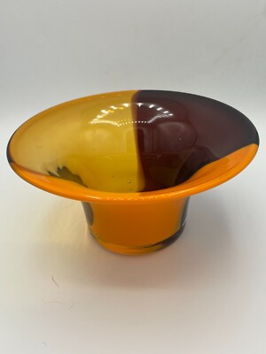 (1D) Mid century modern style hand blown glass orange swirl Teleflora bowl-image
