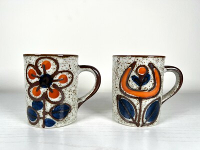 Pair of Mid Century Orange & Blue Floral Ceramic Mugs-image