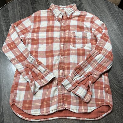 J.Crew Flannel Button SLIM Shirt Men's L Orange Plaid Mid Weight Outdoor *PULLS-image