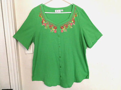 Denim & Co Womens Blouse 2X Plus Green Floral Button Up Tunic Short Sleeve-image