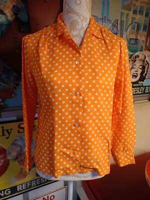 True Vtg Mid-century 1960s Jane Hunter MOD Blouse Top Orange Polka Dot MCM Go-Go-image