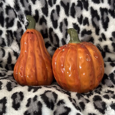 Fall Holiday Tableware - Orange Pumpkin and Gourd Salt & Pepper Shaker Set - NIB-image