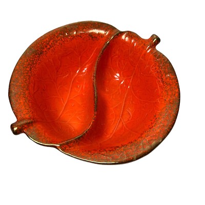 Vintage Mid Century MCM Orange Gold Detail Divided Leaf Bowl 725 USA-image