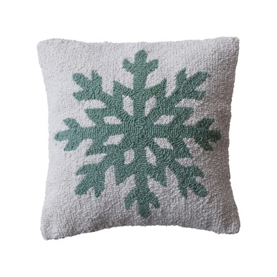 Square Cotton Tufted Pillow with Snowflake and Chambray Back, Blue, Natural Mint-image