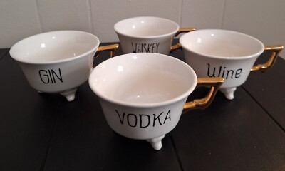4 Creative Co-Op Stoneware Footed Teacups w/ Gold Electroplating -image