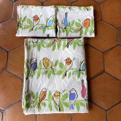 The Company Store Queen duvet cover Two Shams birds whimsical Kids Cotton-image